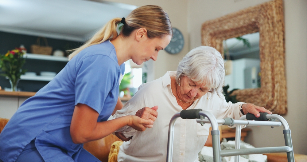 Nurse,,Senior,Woman,And,Walking,Frame,With,Balance,,Recovery,And